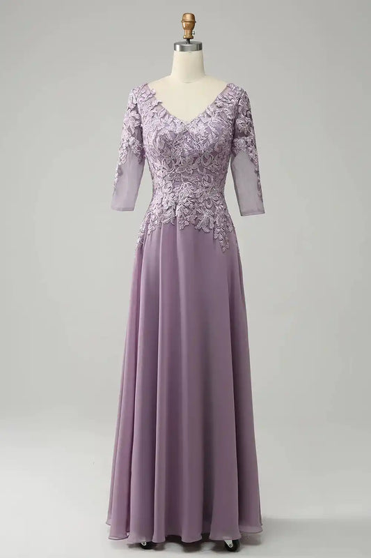 Chiffon Long Lavender Mother of the Bride Dress V Neck Appliques