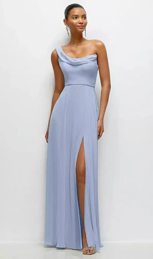 Chiffon One-Shoulder Maxi Dress with Draped Cowl Neckline in Sky Blue