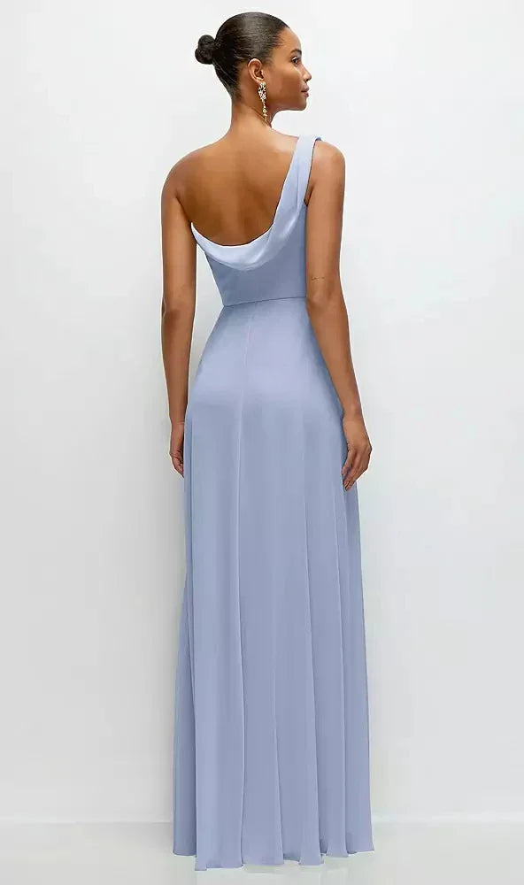 Chiffon One-Shoulder Maxi Dress with Draped Cowl Neckline in Sky Blue