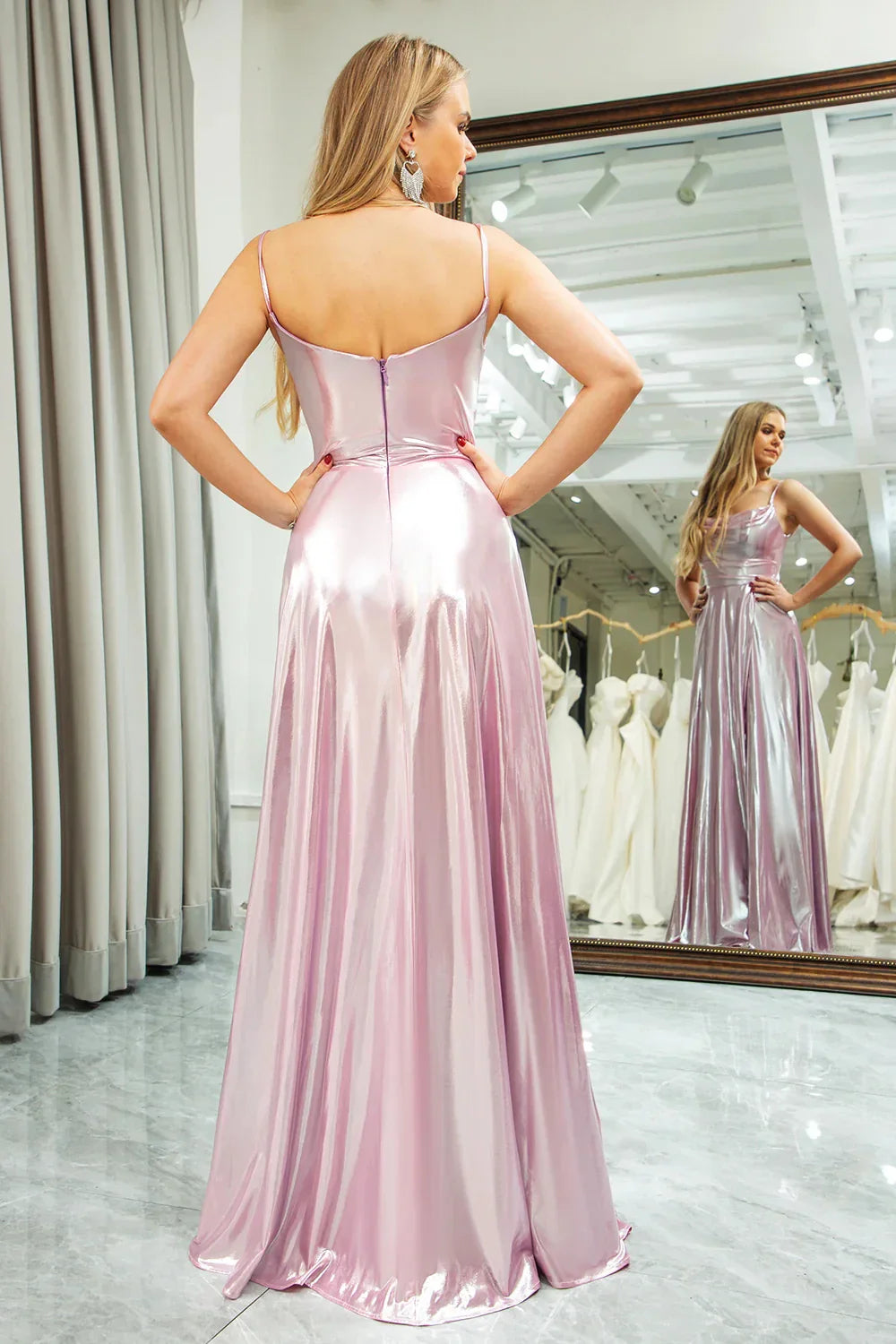 Classic A-Line Boat Neck Sleeveless Back Zip Floor-Length Side Slit prom dress