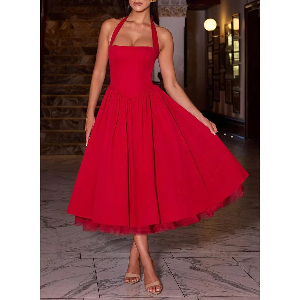 Classic A-Line Halter Sleeveless Crisscross Back Tea-Length prom dress for women