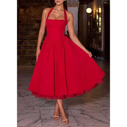 Classic A-Line Halter Sleeveless Crisscross Back Tea-Length prom dress for women