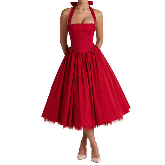 Classic A-Line Halter Sleeveless Crisscross Back Tea-Length prom dress for women