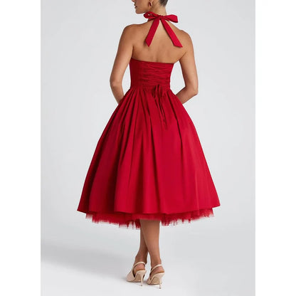 Classic A-Line Halter Sleeveless Crisscross Back Tea-Length prom dress for women