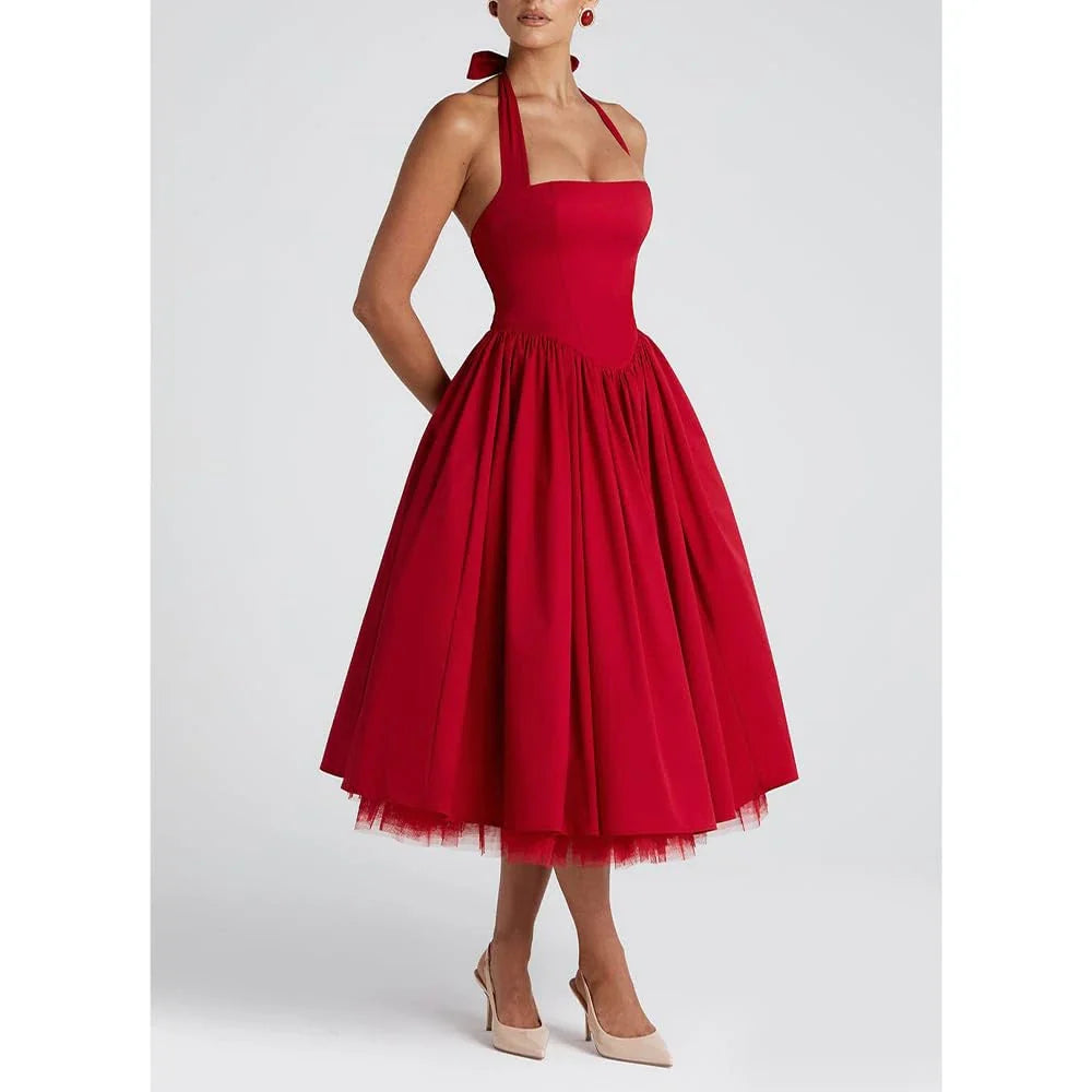 Classic A-Line Halter Sleeveless Crisscross Back Tea-Length prom dress for women