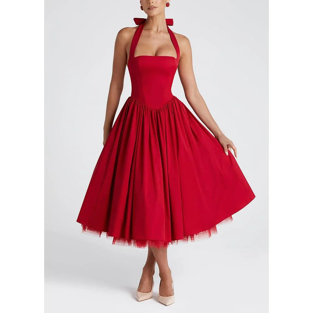 Classic A-Line Halter Sleeveless Crisscross Back Tea-Length prom dress for women