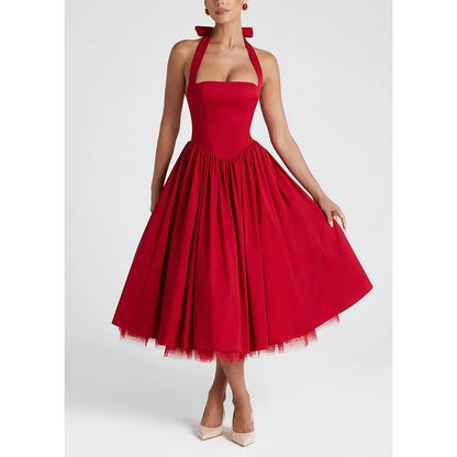 Classic A-Line Halter Sleeveless Crisscross Back Tea-Length prom dress for women