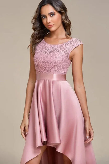 Elegant A-Line Scoop Neck Ruffled Lace Satin Blush High-Low Prom Dress for Women