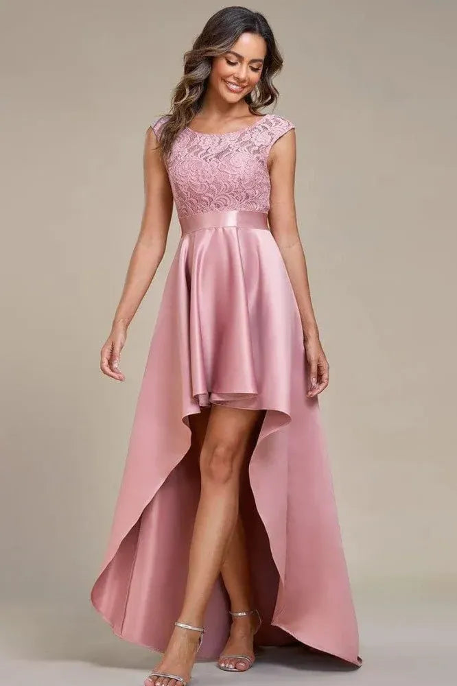 Elegant A-Line Scoop Neck Ruffled Lace Satin Blush High-Low Prom Dress for Women