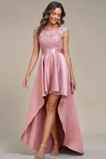 Elegant A-Line Scoop Neck Ruffled Lace Satin Blush High-Low Prom Dress for Women