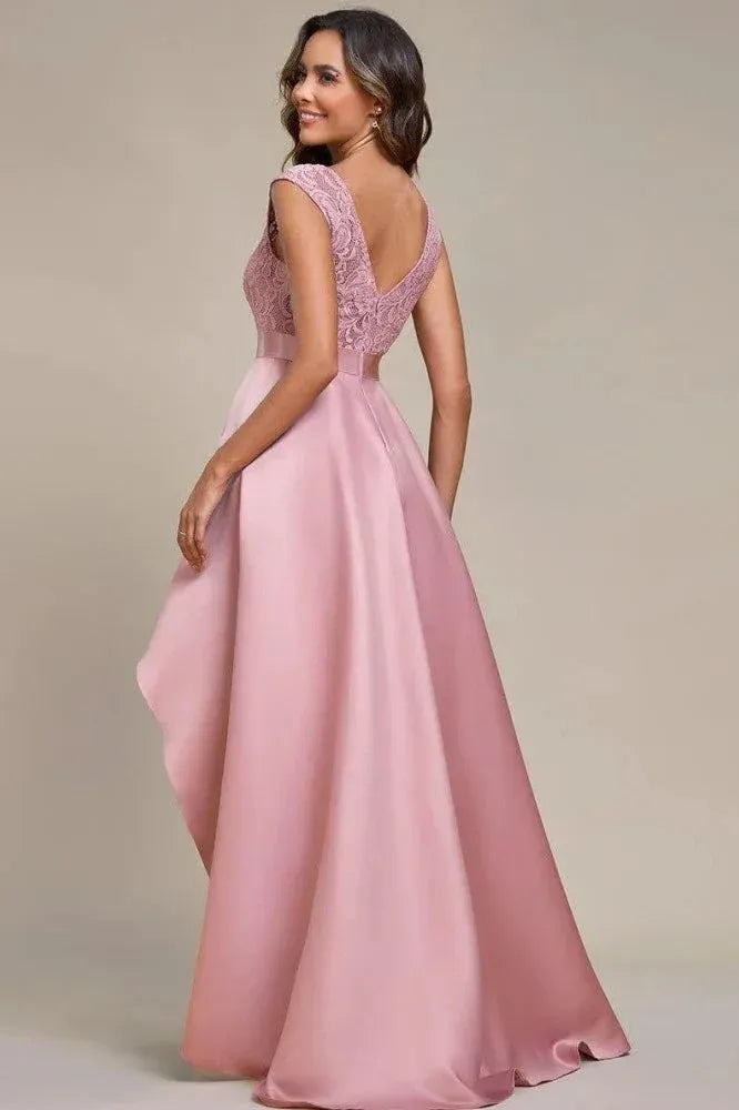Elegant A-Line Scoop Neck Ruffled Lace Satin Blush High-Low Prom Dress for Women