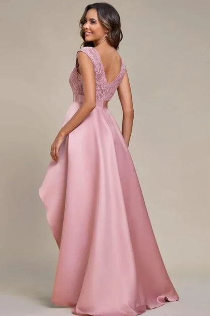 Elegant A-Line Scoop Neck Ruffled Lace Satin Blush High-Low Prom Dress for Women