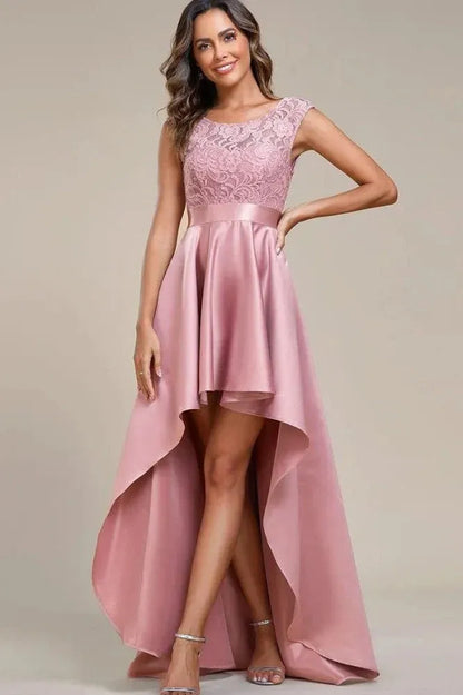 Elegant A-Line Scoop Neck Ruffled Lace Satin Blush High-Low Prom Dress for Women