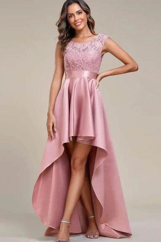 Classic A-Line Scoop Neck Ruffled Lace Satin Blush High-Low Prom Dress For Women