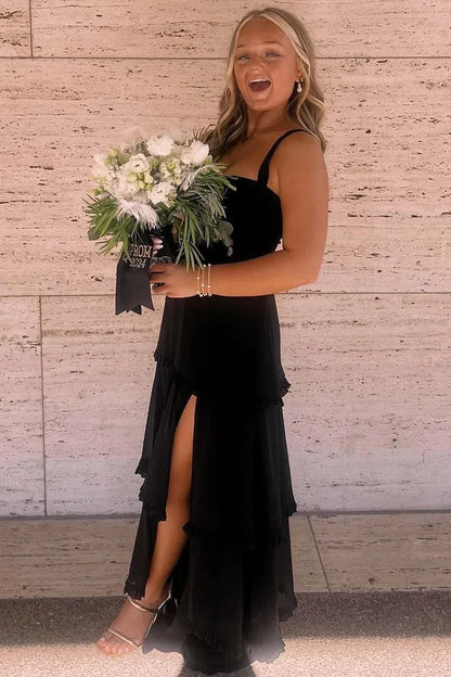 Classic A-Line Spaghetti Straps Sleeveless Satin Layered Floor-Length Prom Dress