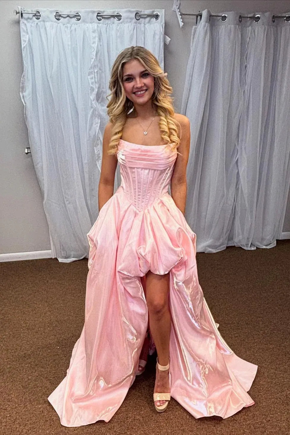 Classic A-Line Strapless Sleeveless Slit Satin Floor-Length Prom Dress