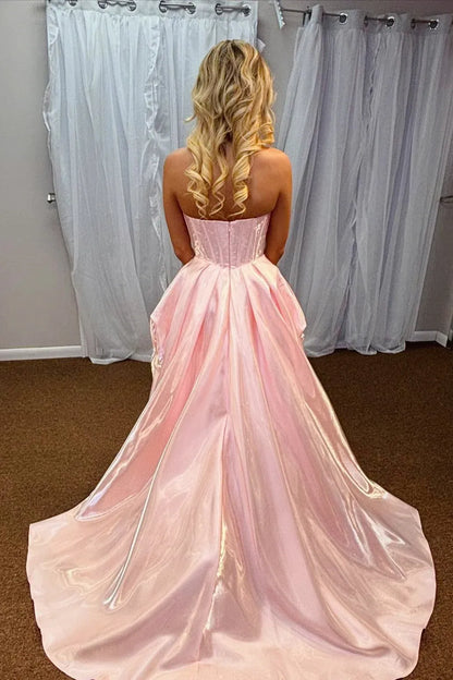Classic A-Line Strapless Sleeveless Slit Satin Floor-Length Prom Dress