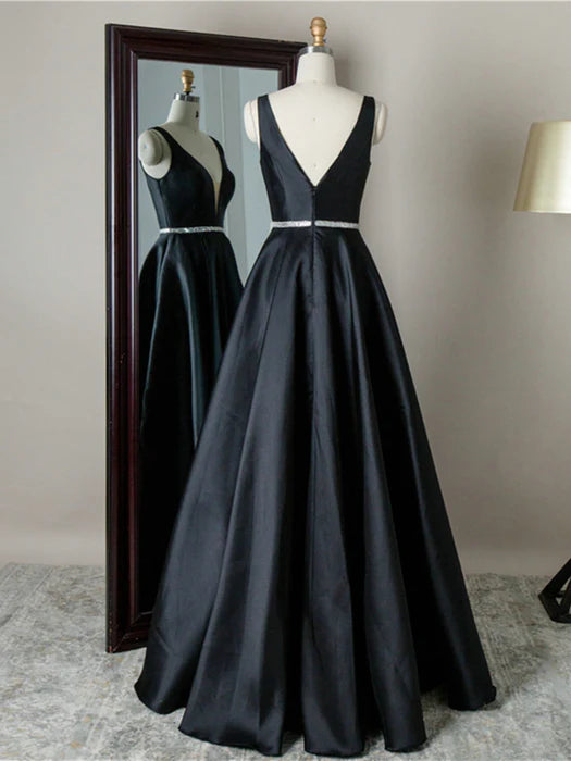 Classic A-Line V-Neck Sleeveless Satin Black Floor-Length Prom Dress