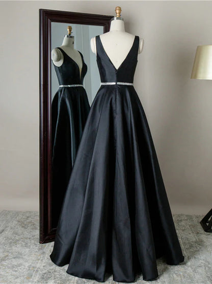 Classic A-Line V-Neck Sleeveless Satin Black Floor-Length Prom Dress