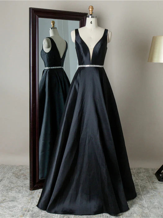 Classic A-Line V-Neck Sleeveless Satin Black Floor-Length Prom Dress