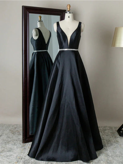 Classic A-Line V-Neck Sleeveless Satin Black Floor-Length Prom Dress