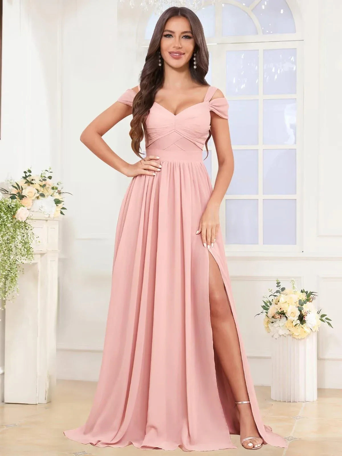 Classic A-Line V Neck Cap Sleeve Crisscross Back Floor-Length Side Slit prom dress for women