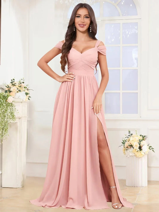 Classic A-Line V Neck Cap Sleeve Crisscross Back Floor-Length Side Slit prom dress for women