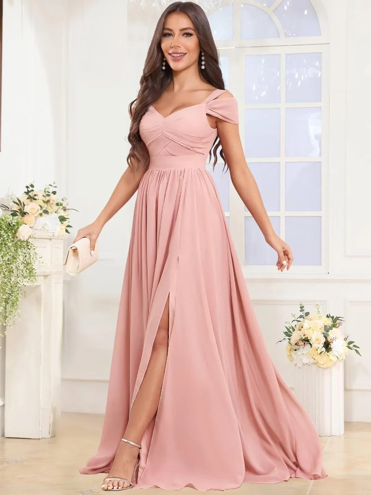 Classic A-Line V Neck Cap Sleeve Crisscross Back Floor-Length Side Slit prom dress for women