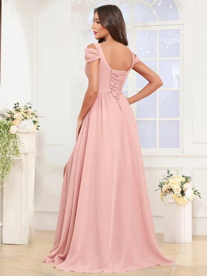 Classic A-Line V Neck Cap Sleeve Crisscross Back Floor-Length Side Slit prom dress for women