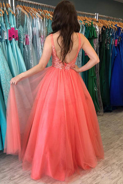 Classic A-Line V Neck Sleeveless Backless Floor-Length Prom Dress