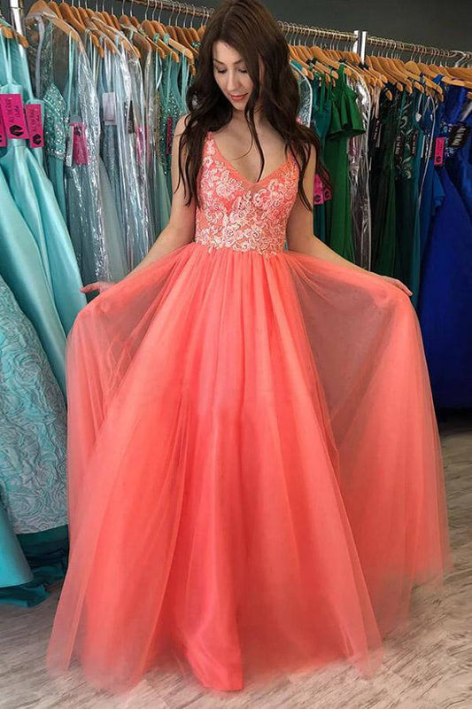 Classic A-Line V Neck Sleeveless Backless Floor-Length Prom Dress