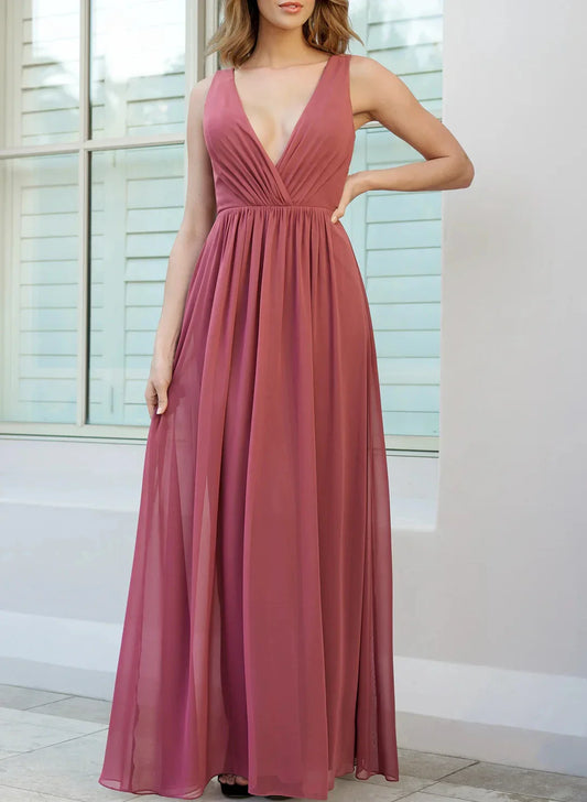 Classic A-Line V Neck Sleeveless Lace Up Floor-Length Evening dress for women