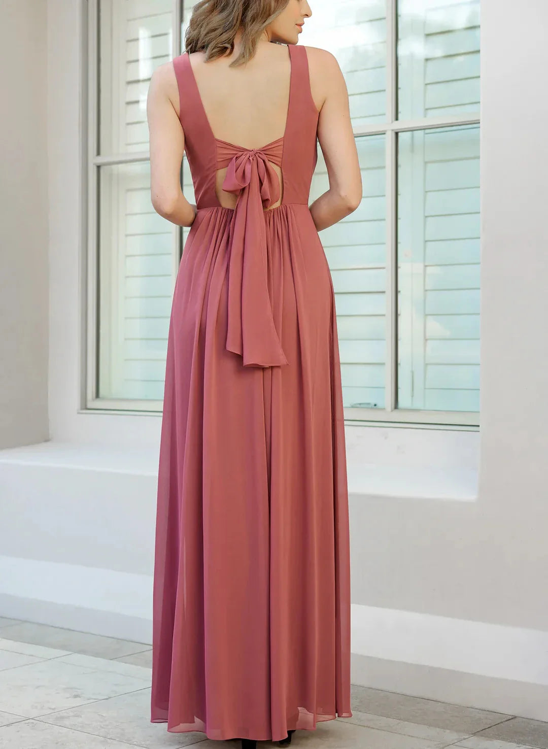 Classic A-Line V Neck Sleeveless Lace Up Floor-Length Evening dress for women