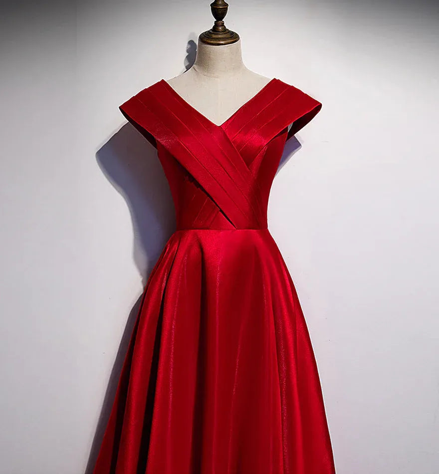 Classic A-Line V Neck Sleeveless Satin Pleated Floor-Length Prom Dress