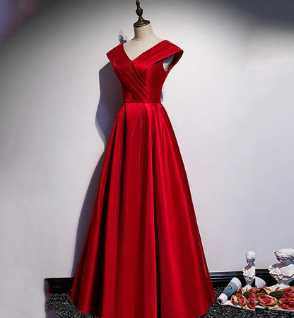 Classic A-Line V Neck Sleeveless Satin Pleated Floor-Length Prom Dress
