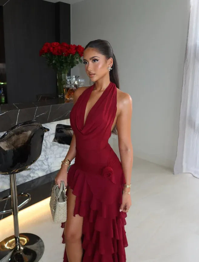 Classic A Line Halter Neck Sleeveless Lace Up Asymmetrical-Length Prom Dress