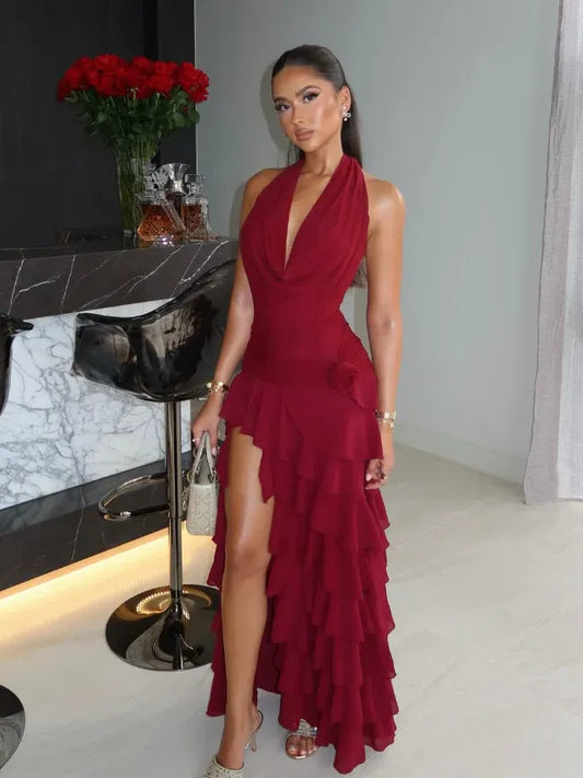 Classic A Line Halter Neck Sleeveless Lace Up Asymmetrical-Length Prom Dress