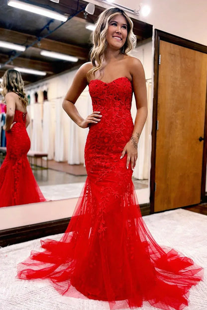 Classic Mermaid Strapless Sleeveless Lace Up Sweep/Brush Train Prom Dress