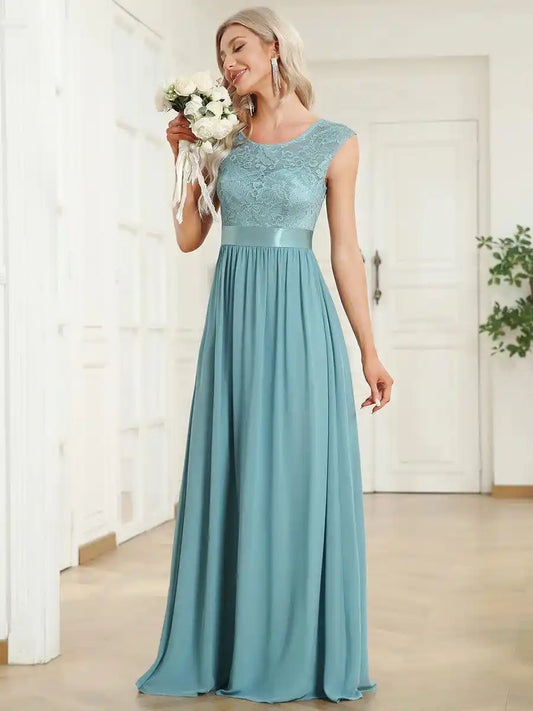 Classic Round Neck Backless Lace Bodice Bridesmaid Dress Mother Of The Bride Dresses