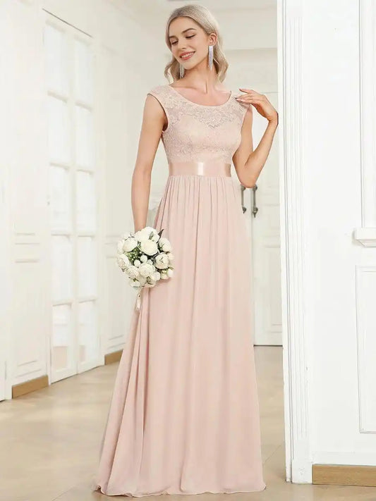 Classic Round Neck V Back Lace Bodice Bridesmaid Dress Mother Of The Bride Dresses