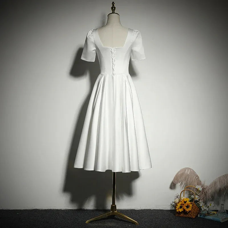 Classic Satin Midi Evening Dress White Square Neck Short Sleeve for Women