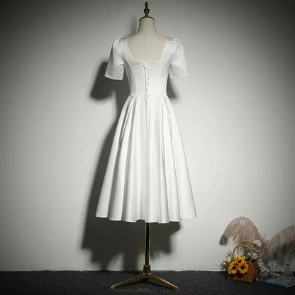Classic Satin Midi Evening Dress White Square Neck Short Sleeve for Women