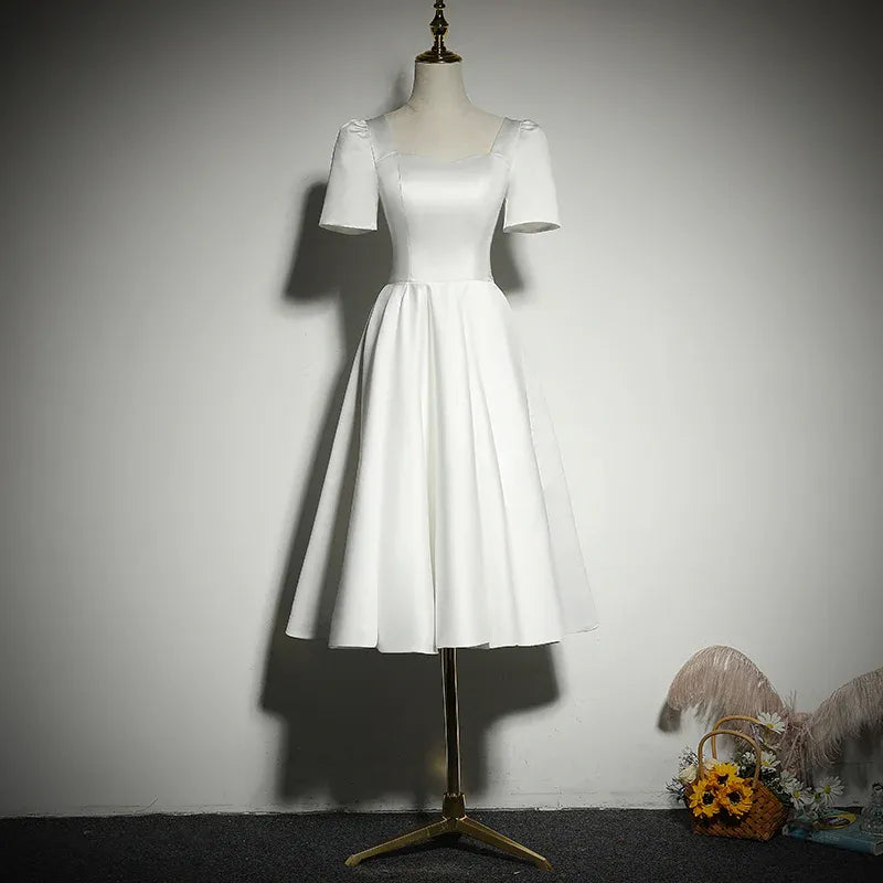Classic Satin Midi Evening Dress White Square Neck Short Sleeve for Women