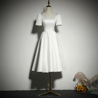 Classic Satin Midi Evening Dress White Square Neck Short Sleeve for Women