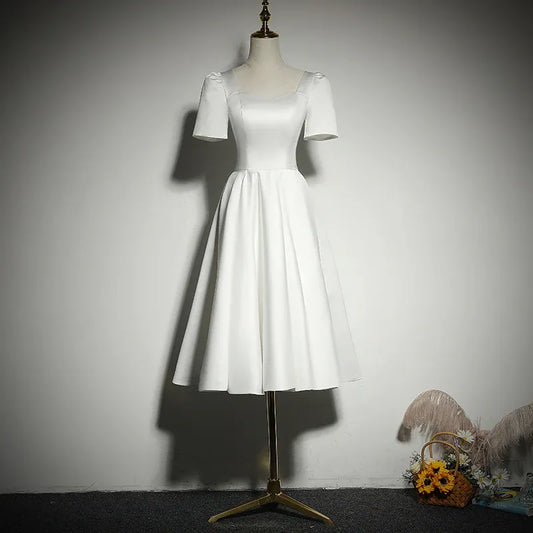 Classic Satin Midi Evening Dress White Square Neck Short Sleeve for Women