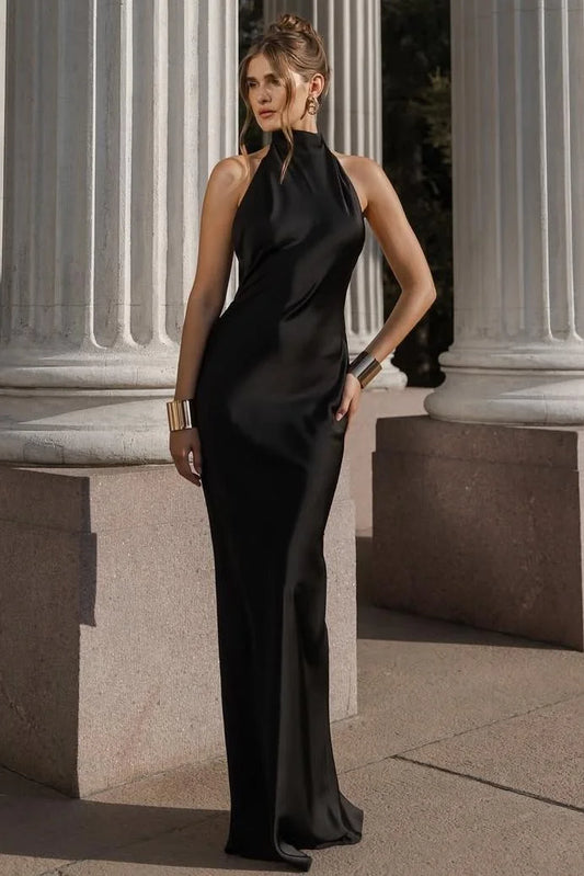 Classic Sheath/Column Halter Neck Sleeveless Satin Floor-Length Prom Dress