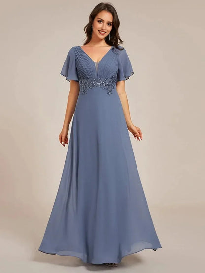Classic Simple SheathColumn V Neck Short Sleeve Back Zip Floor-Length Mother of the Bride Dress for women