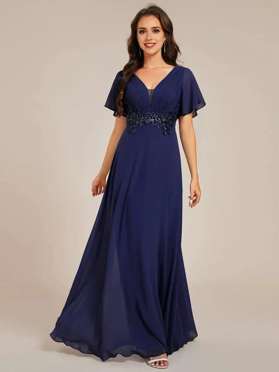 Classic Simple SheathColumn V Neck Short Sleeve Back Zip Floor-Length Mother of the Bride Dress for women