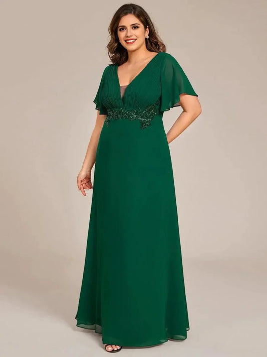 Classic Simple SheathColumn V Neck Short Sleeve Back Zip Floor-Length Mother of the Bride Dress for women