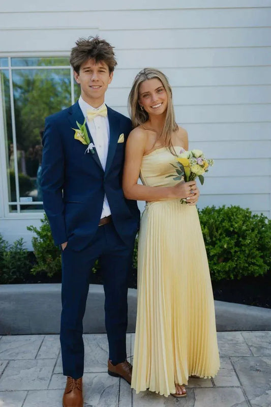 Classic Strapless Sleeveless A-Line Satin Pleated Floor-Length Prom Dress